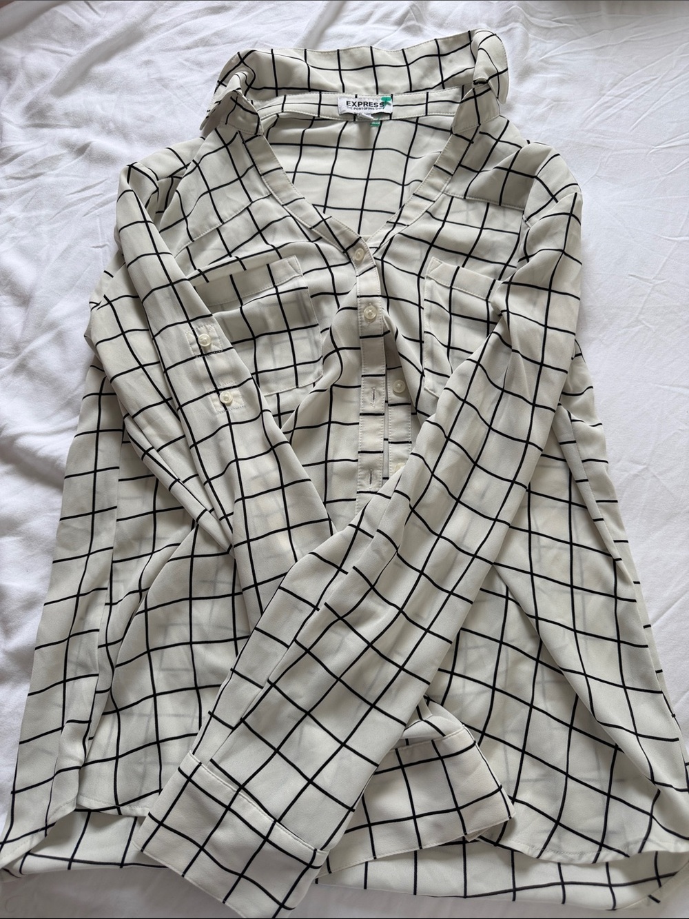 Express Cream Button-Front Shirt with Black Grid Print